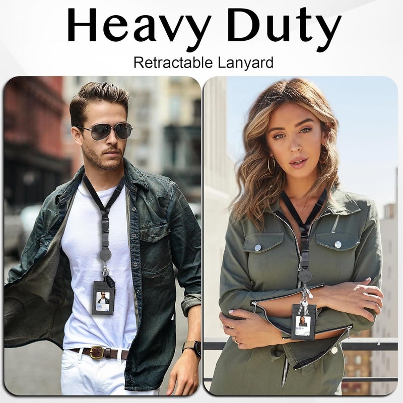 DELSWIN Badge Holder with Retractable Lanyard, PU Leather ID Badge Card Holder with 1 ID Window, 4 Card Slots, 1 Side Zipper Pocket, and Adjustable Neck Strap - Image 2
